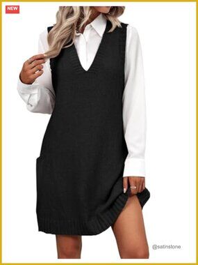 100% Acrylic Knit Sweater Vest Dress V-Neck Sleeveless Pullover with Pockets